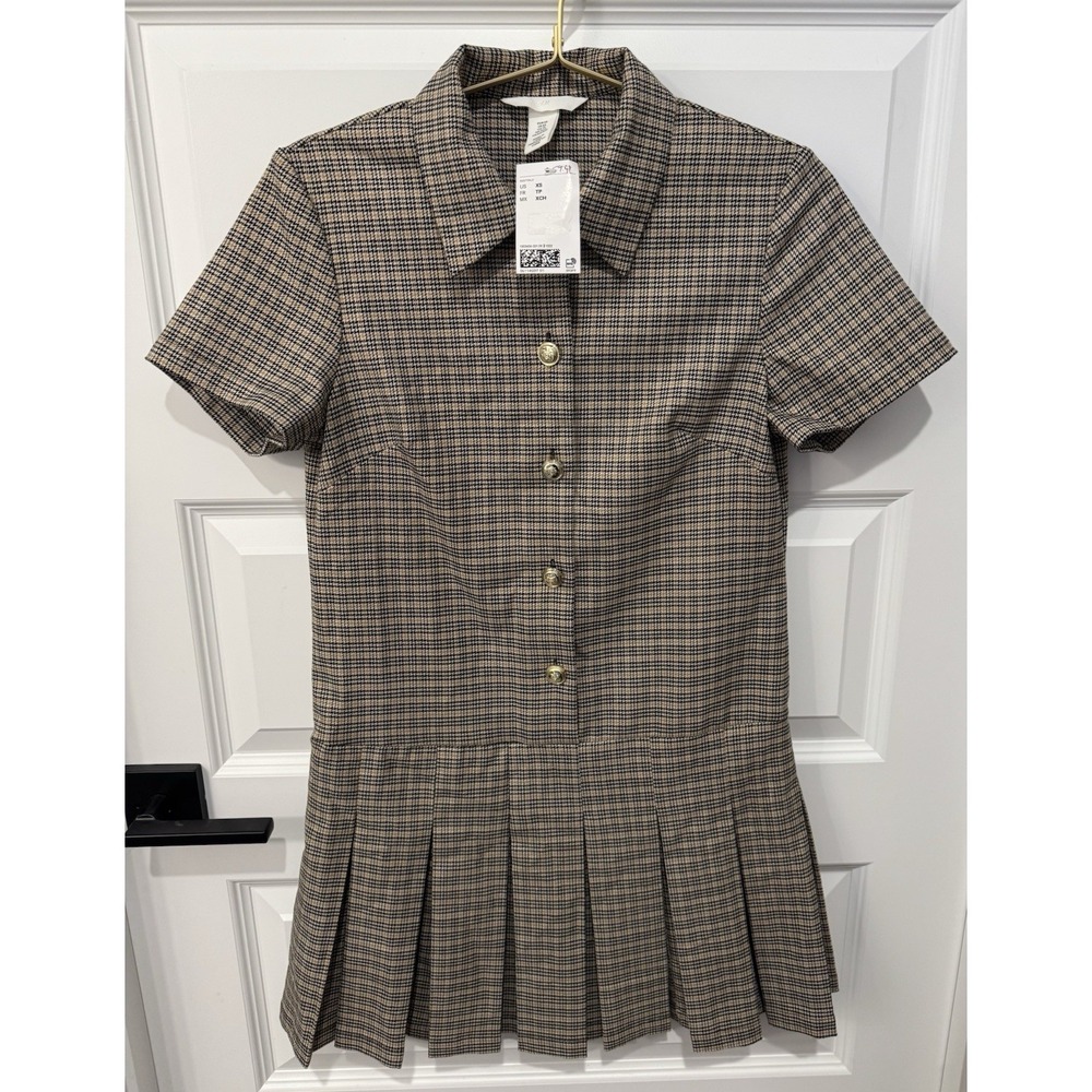 H&M Women's NWT Jumpsuit Dress XS Plaid Short Sleeve Black/Khaki Button Front - Picture 2 of 5